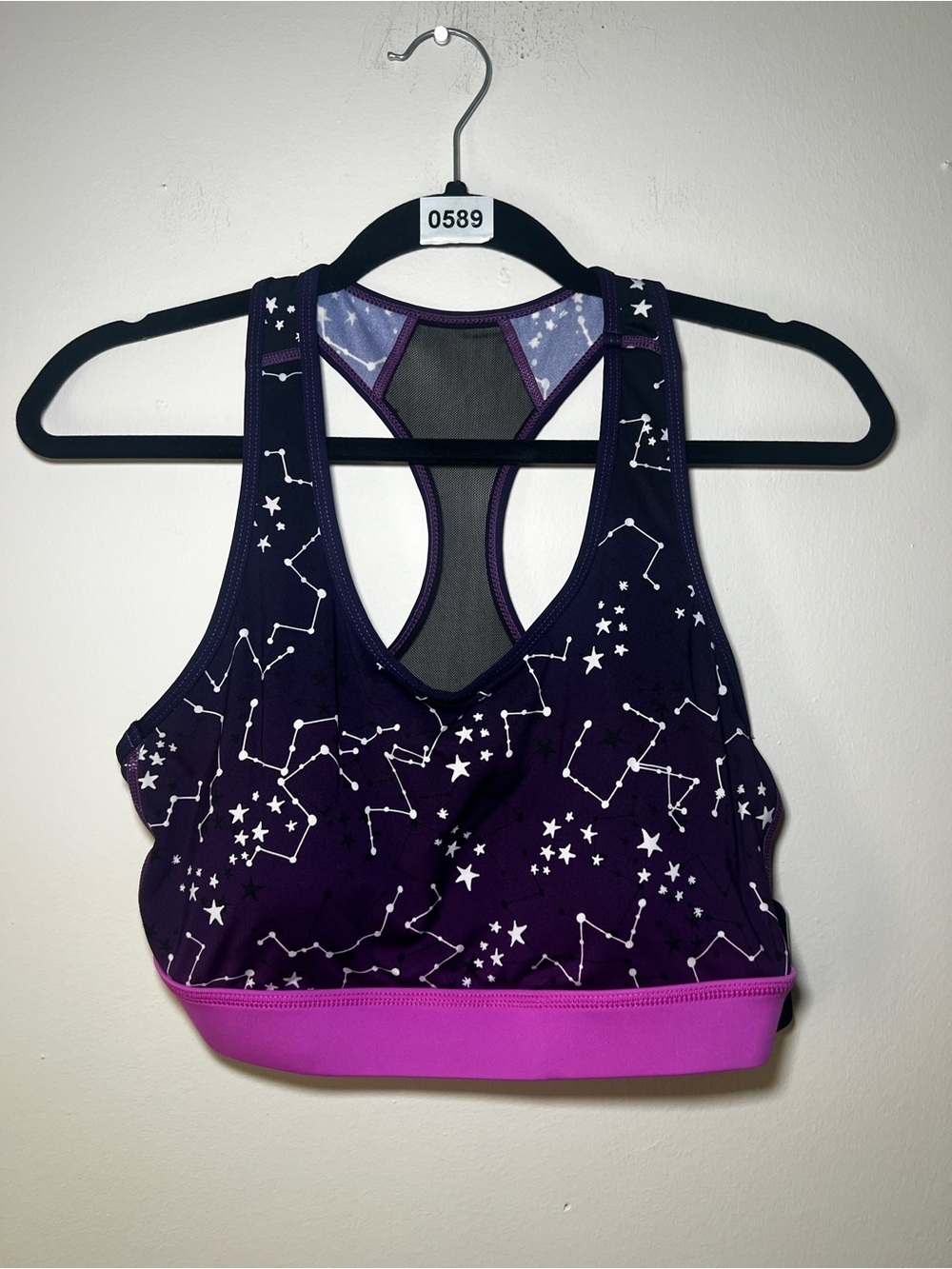 LuLaRoe Purple Constellation Racerback Sports Bra with Pink Band